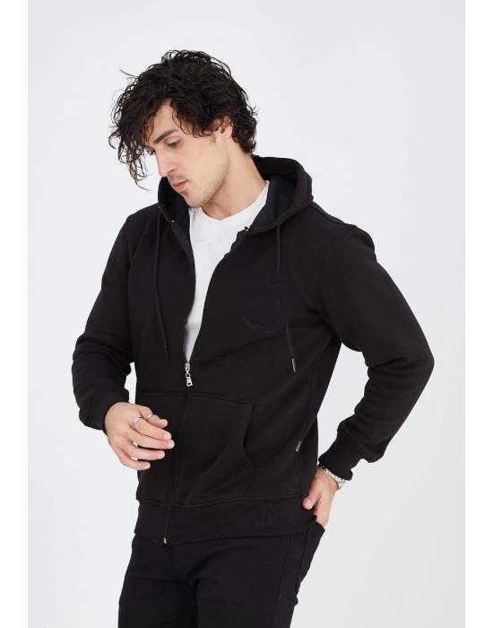 Tam Fermuarlı Kapşonlu  SweatShirt - Siyah -