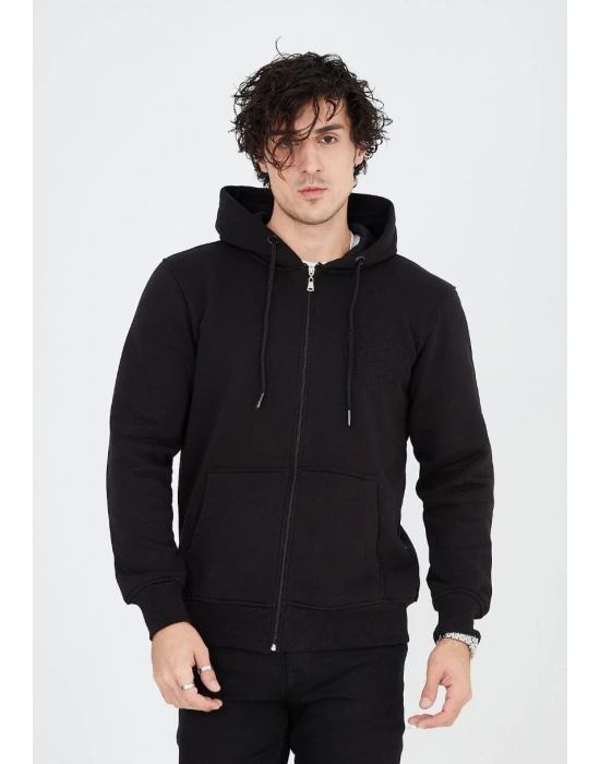 Tam Fermuarlı Kapşonlu  SweatShirt - Siyah -