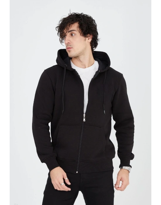 Tam Fermuarlı Kapşonlu  SweatShirt - Siyah -