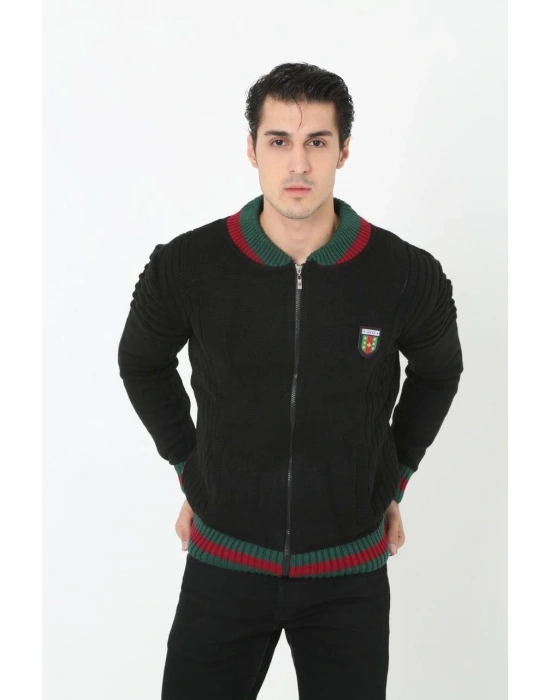 Tam Fermuarlı Triko Hırka - Siyah -