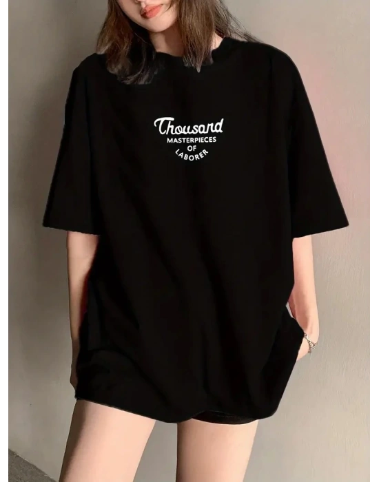 Thousand Ön Arka Baskılı Oversize Bisiklet Yaka T-shirt - Siyah -