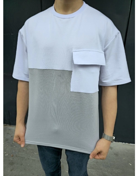 Torba Cep Detaylı Parçalı T-Shirt - Gri -