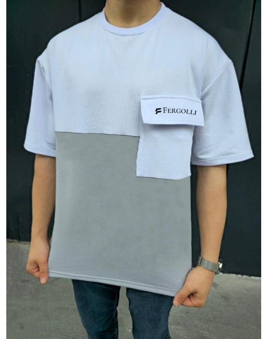 Torba Cep Detaylı  Parçalı T-Shirt - Gri -