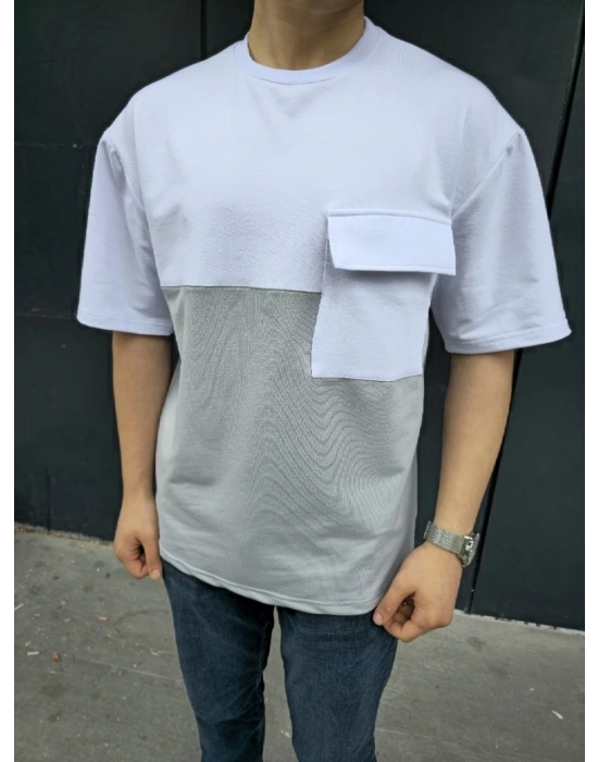 Torba Cep Detaylı Parçalı T-Shirt - Gri -