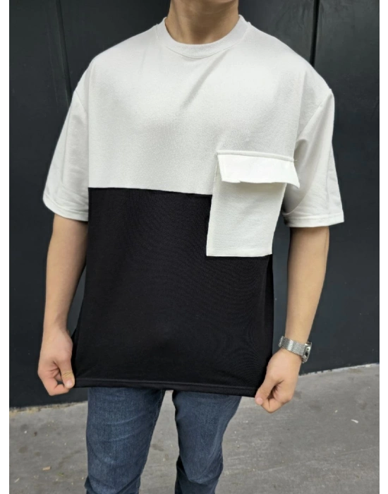 Torba Cep Detaylı Parçalı T-Shirt - Siyah -