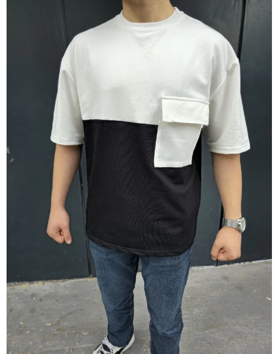 Torba Cep Detaylı Parçalı T-Shirt - Siyah -