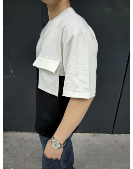 Torba Cep Detaylı Parçalı T-Shirt - Siyah -