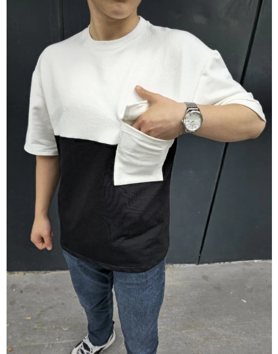 Torba Cep Detaylı Parçalı T-Shirt - Siyah -