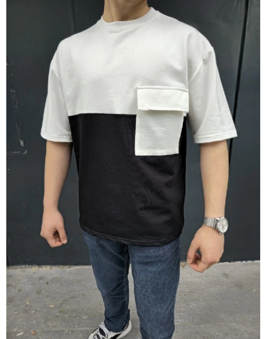 Torba Cep Detaylı Parçalı T-Shirt - Siyah -