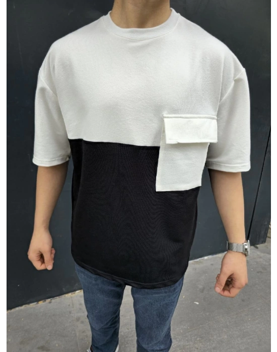 Torba Cep Detaylı Parçalı T-Shirt - Siyah -