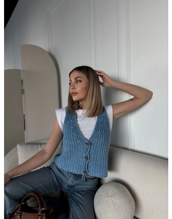 Triko Kolsuz Düğmeli Yelek - Mavi -