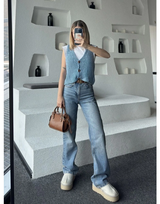 Triko Kolsuz Düğmeli Yelek - Mavi -