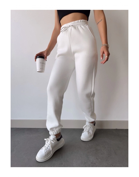 Üç İplik Basic Lastikli Eşofman Pantolon - Beyaz