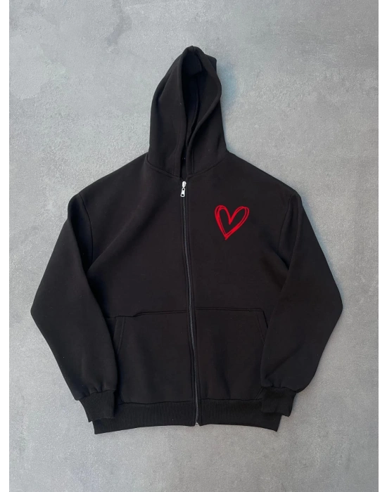 Üç İplik Baskılı Fermuarlı Kapüşonlu Hırka - Siyah -