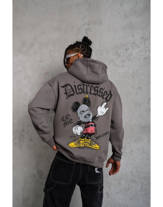 Üç İplik Baskılı Kapüşonlu Sweat - Gri