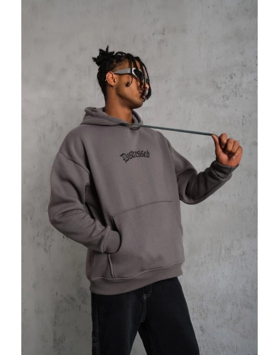 Üç İplik Baskılı Kapüşonlu Sweat - Gri