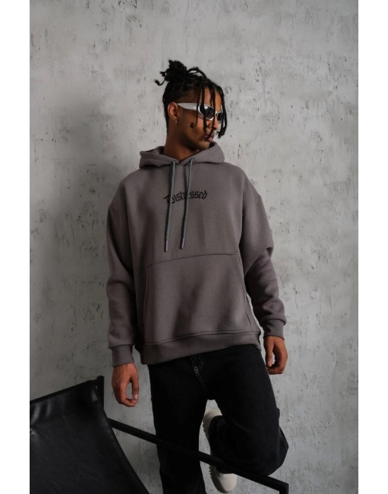 Üç İplik Baskılı Kapüşonlu Sweat - Gri