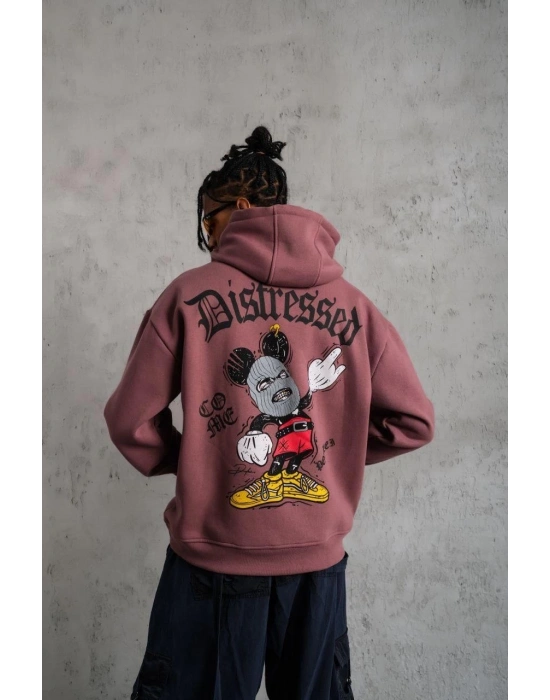 Üç İplik Baskılı Kapüşonlu Sweat - Gül Kurusu