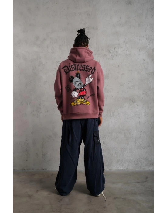 Üç İplik Baskılı Kapüşonlu Sweat - Gül Kurusu