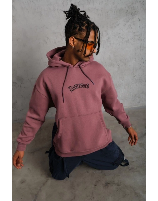 Üç İplik Baskılı Kapüşonlu Sweat - Gül Kurusu