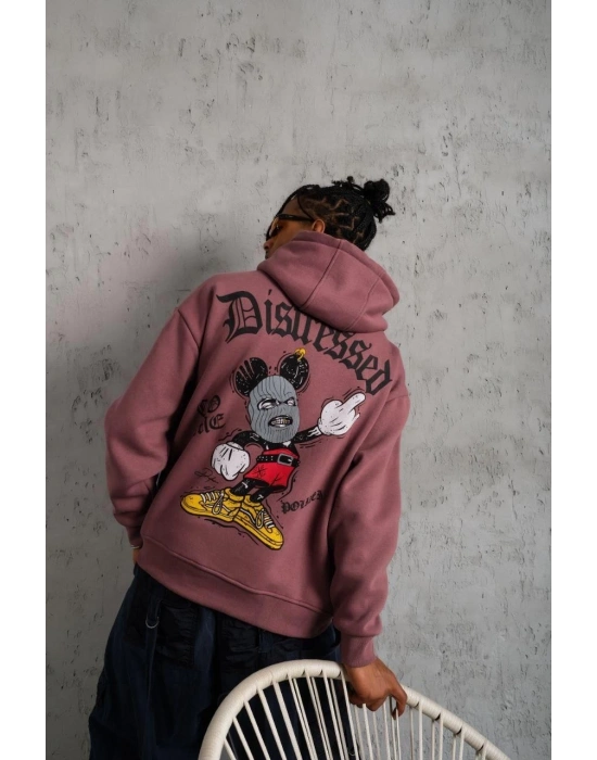 Üç İplik Baskılı Kapüşonlu Sweat - Gül Kurusu