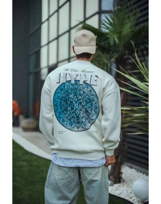 Üç İplik Bisiklet Yaka Baskılı SweatShirt - Beyaz -