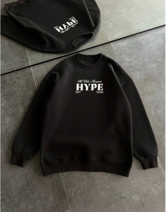 Üç İplik Bisiklet Yaka Baskılı SweatShirt - Siyah -