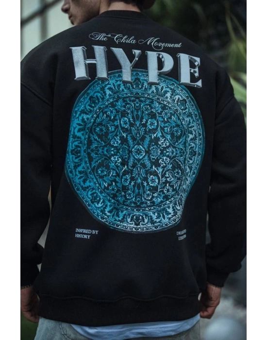 Üç İplik Bisiklet Yaka Baskılı SweatShirt - Siyah -