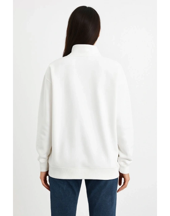 Üç İplik Dık Yaka Yarım Fermuarlı SweatShirt - Beyaz -