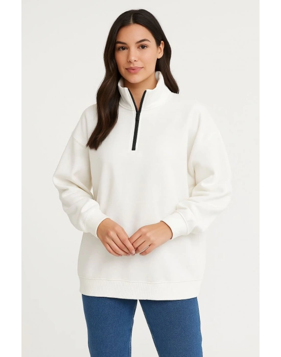 Üç İplik Dık Yaka Yarım Fermuarlı SweatShirt - Beyaz -
