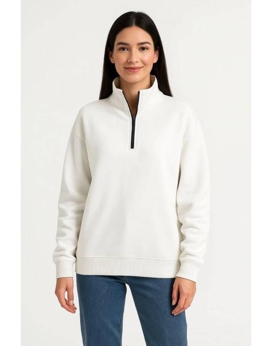 Üç İplik Dık Yaka Yarım Fermuarlı SweatShirt - Beyaz -