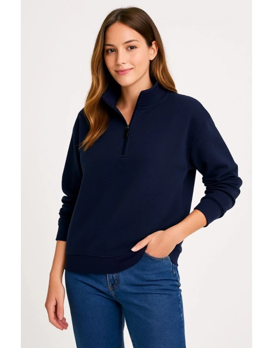 Üç İplik Dık Yaka Yarım Fermuarlı SweatShirt - Lacivert