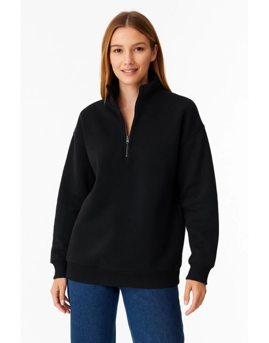 Üç İplik Dık Yaka Yarım Fermuarlı SweatShirt - Siyah -