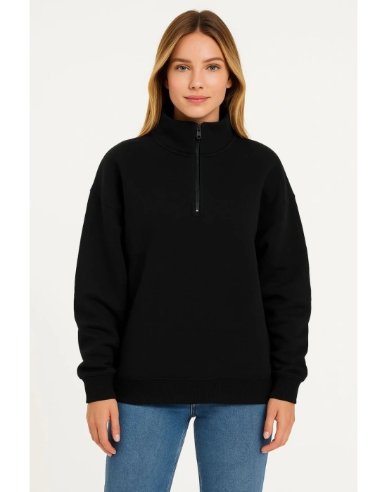 Üç İplik Dık Yaka Yarım Fermuarlı SweatShirt - Siyah -