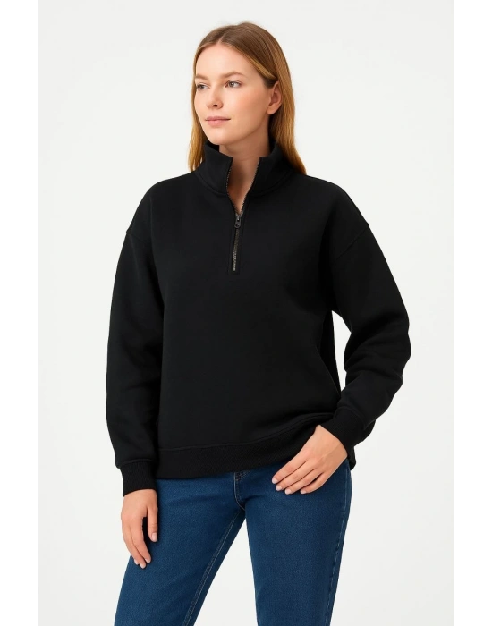 Üç İplik Dık Yaka Yarım Fermuarlı SweatShirt - Siyah -