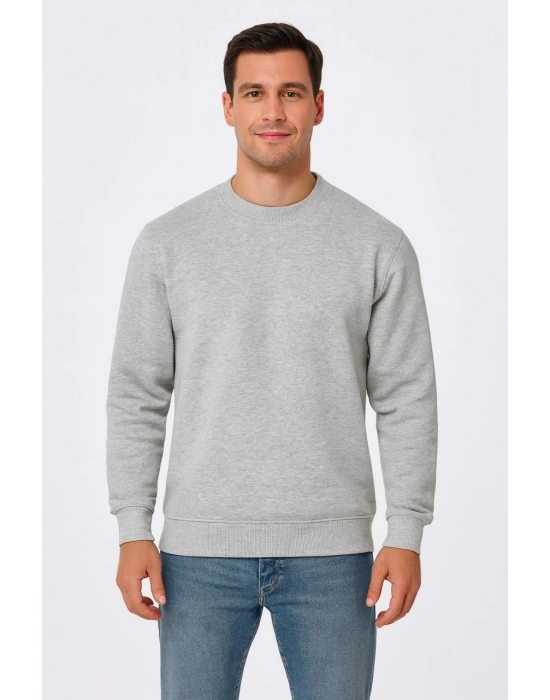 Üç İplik Düz Bisiklet Yaka SweatShirt - Gri -