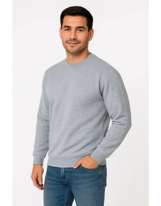 Üç İplik Düz Bisiklet Yaka SweatShirt - Gri -