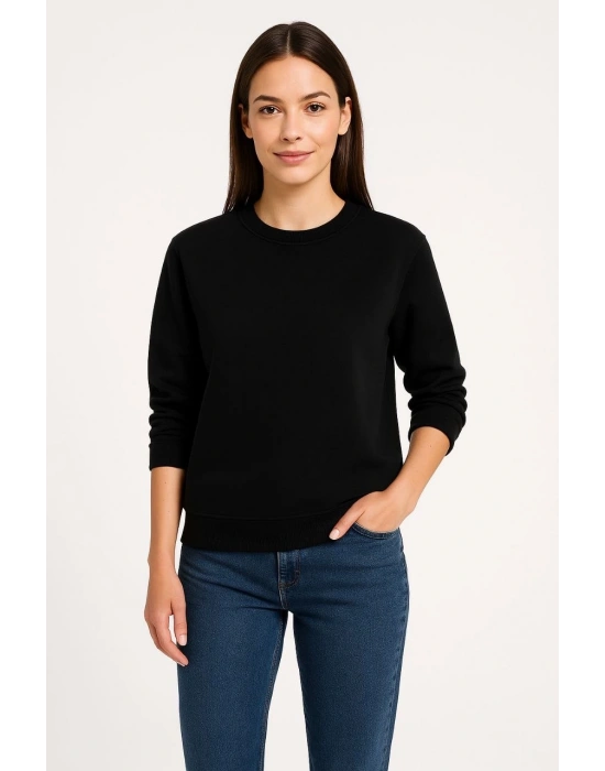 Üç İplik Düz Bisiklet Yaka SweatShirt - Siyah -