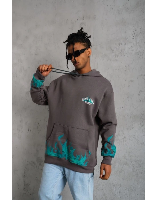 Üç İplik İçi Pamuklu Alev Baskılı Kapüşonlu Sweatshirt - Gri