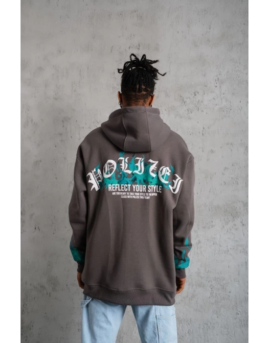 Üç İplik İçi Pamuklu Alev Baskılı Kapüşonlu Sweatshirt - Gri