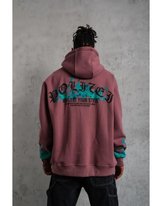 Üç İplik içi Pamuklu Alev Baskılı Kapüşonlu Sweatshirt - Gül Kurusu