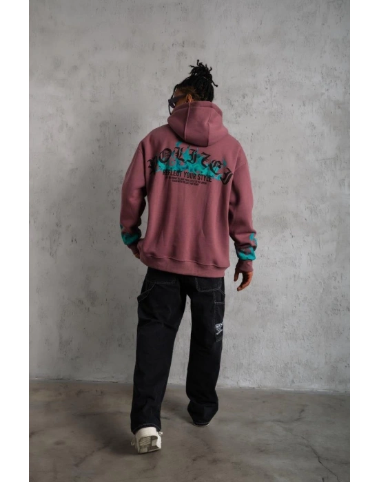 Üç İplik içi Pamuklu Alev Baskılı Kapüşonlu Sweatshirt - Gül Kurusu