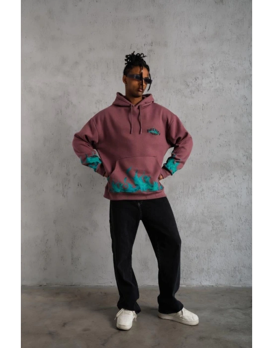 Üç İplik içi Pamuklu Alev Baskılı Kapüşonlu Sweatshirt - Gül Kurusu