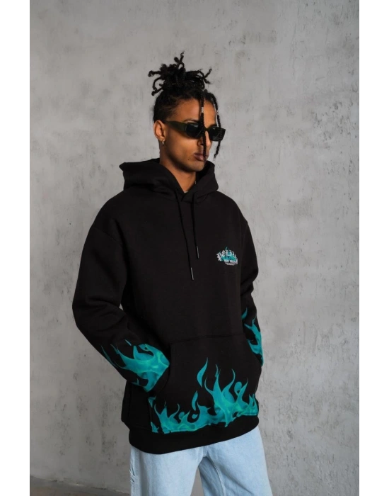 Üç İplik İçi Pamuklu Alev Baskılı Kapüşonlu Sweatshirt - Siyah