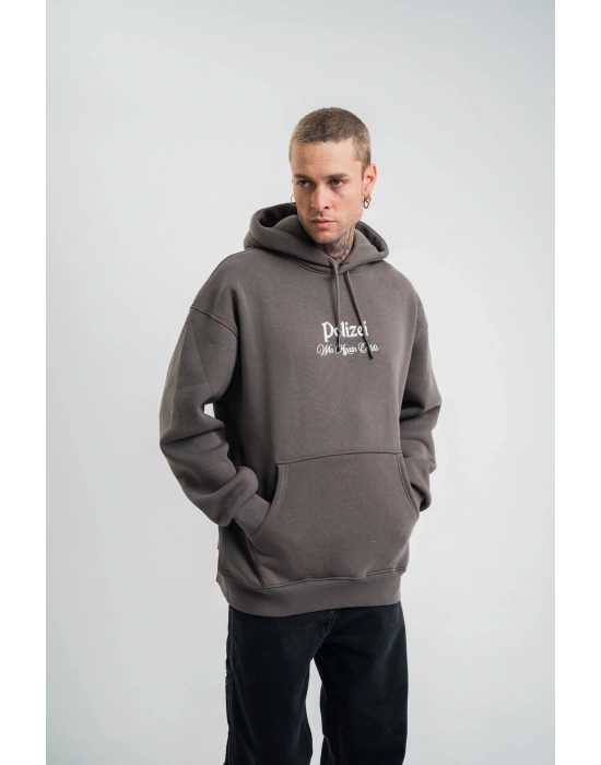 Üç İplik Kapşonlu Dijital Patchli SweatShirt - Füme -