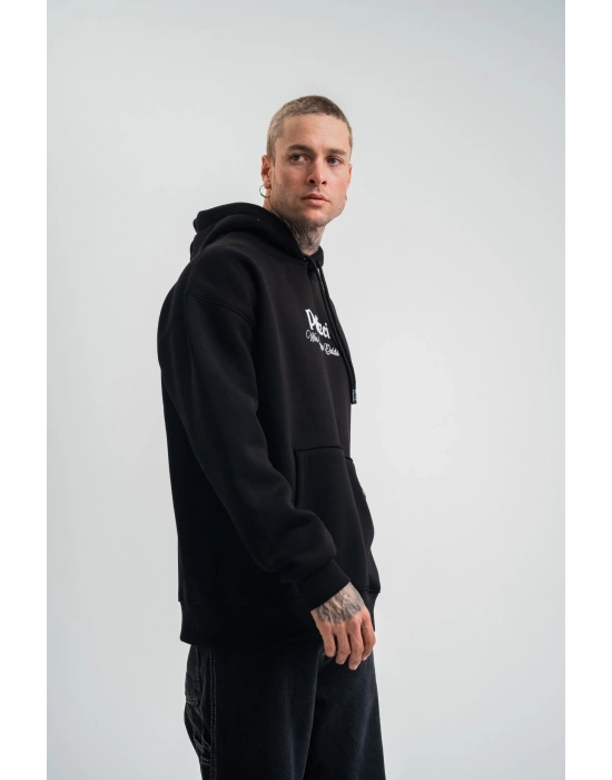 Üç İplik Kapşonlu Dijital Patchli SweatShirt - Siyah -