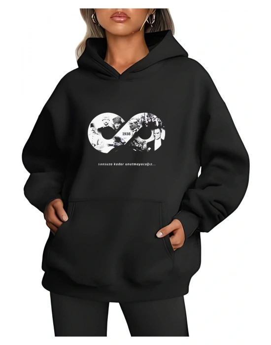 Üç İplik kapüşonlu 10 Kasıma Özel SweatShirt - Siyah -