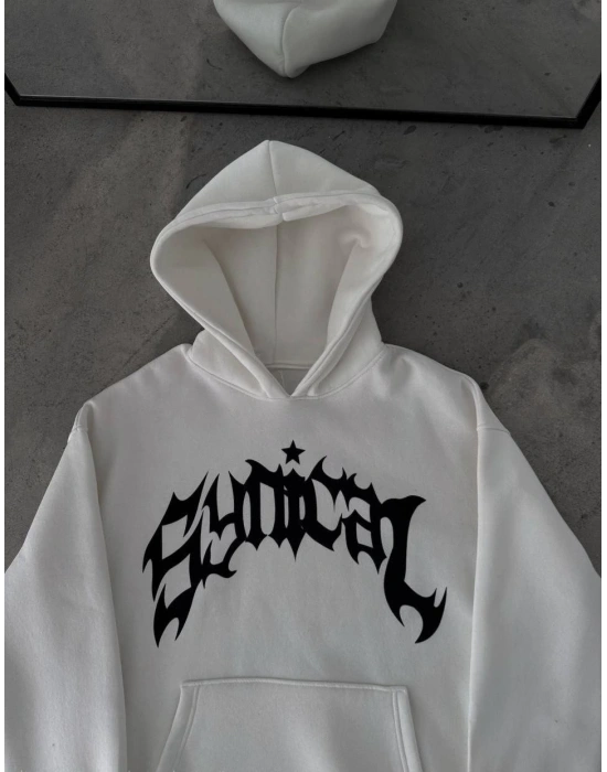Üç İplik Kapüşonlu Baskılı Oversize SweatShirt- Beyaz -