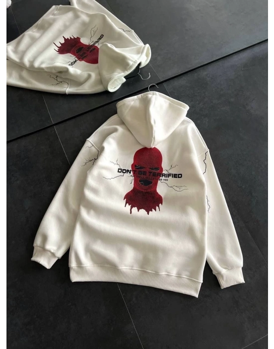 Üç İplik Kapüşonlu Baskılı Oversize SweatShirt- Beyaz