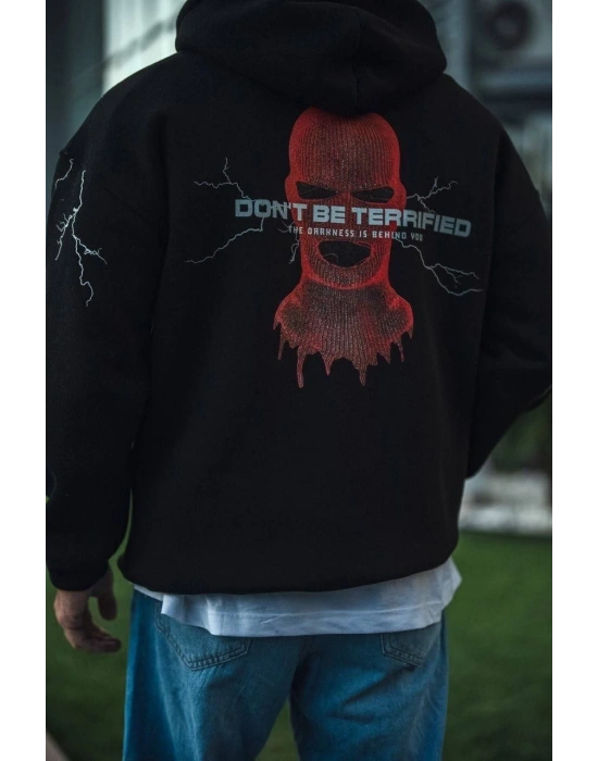 Üç İplik Kapüşonlu Baskılı Oversize SweatShirt- Siyah